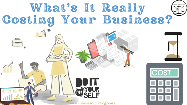 Business cost analysis graphic with calculator, people, and text "What's It Really Costing Your Busi