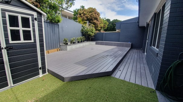 Tractio deck boards, Clever Cladding Planters and artificial grass