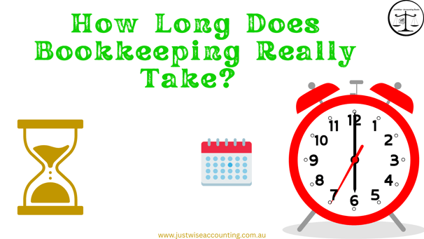 Bookkeeping time inquiry graphic with hourglass, calendar, and alarm clock icons.