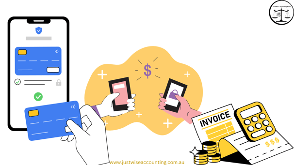 Phone displaying payment screen with credit card and hands holding phones with payment symbols, invo