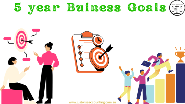"Business goals illustration with targets, checklist, and team celebrating success."