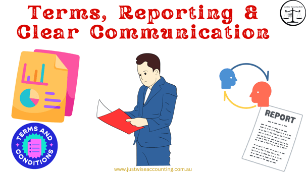 A man in a blue suit holds a red folder, surrounded by icons representing terms, reporting, and clea