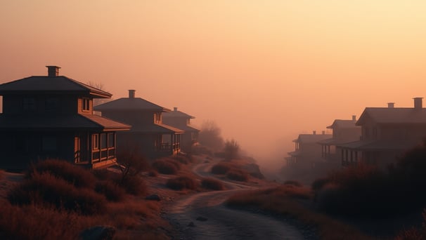 UniverseX - a dirt road with houses and houses in the background
