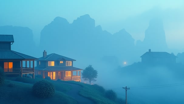 UniverseX - a house with a mountain view of a house in the fog
