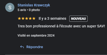 Avis Google 5 étoiles de Stanislas Krawczyk, saluant un professionnel à l'écoute avec un excellent S