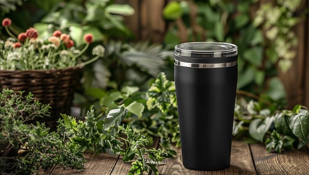 A matte black stainless steel tumbler with a clear lid on a wooden surface, surrounded by plants.