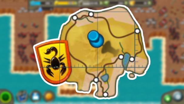 Desert map logo with a scorpion and a blue pin on top of the topographival view of the map