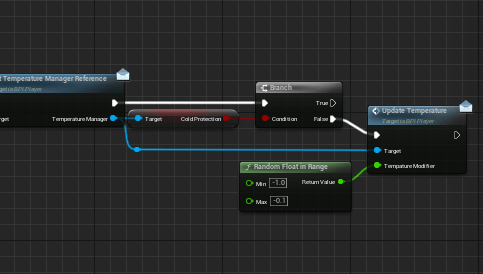 Unreal Engine 5 Blueprint logic for decreasing the player's temperature.