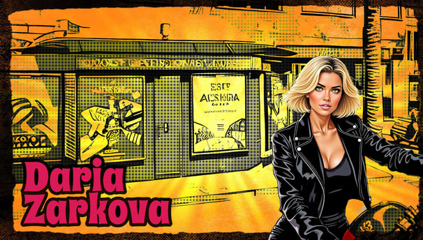 Daria Zarkova frente a un quiosco en la Alameda de Colón, con mirada alerta y chaqueta de cuero, en una escena de estilo pop-