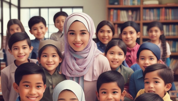 A classroom filled with young students wearing uniforms in shades of green and blue. The walls are adorned with chalkboards and posters, and natural light filters through a window. The students are seated at wooden desks, some are smiling while others look attentive.