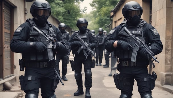 A group of individuals dressed in tactical gear and black uniforms stand in a formation, appearing to be security or law enforcement personnel. They are engaged in conversation with someone wearing a blue winter jacket with a fur-lined hood, displaying the text 'Igor Zhilkin Production' on the back. The setting appears to be an urban area with buildings in the background.