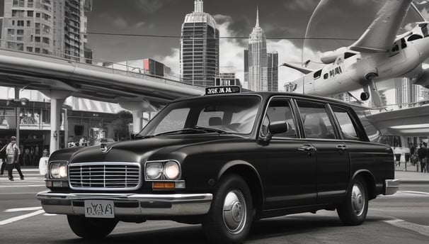 A Yandex Taxi is parked in a dimly lit urban area at night. The car is yellow with a white top sign featuring Cyrillic text. Red and white lights from nearby buildings create a warm glow in the background. Several vehicles are parked around the taxi, indicating a busy street setting.