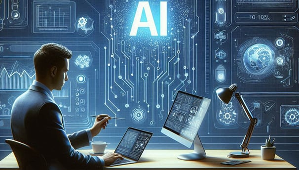 a man sitting at a desk with a laptop and a laptop providing AI automation services