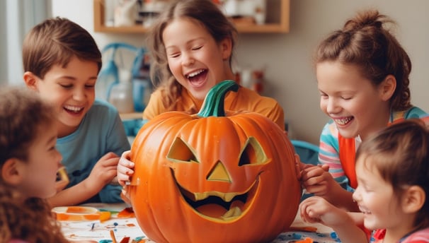Children enjoying a craft party, painting a ceramic pumpkin