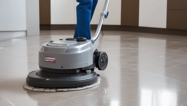 A vacuum cleaner is being used to clean colorful confetti off a grey carpet. The vacuum is silver with a lit nozzle showing the confetti being sucked in. A pair of bare feet is visible behind the device, indicating a person is operating it.