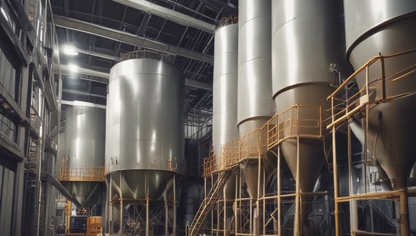 A group of people are engaged in the process of sugar production inside a large industrial building. There is steam rising from the vats, and workers are attending to various tasks such as stirring large pots and inspecting the production process. The atmosphere seems busy and structured, with a focus on labor.