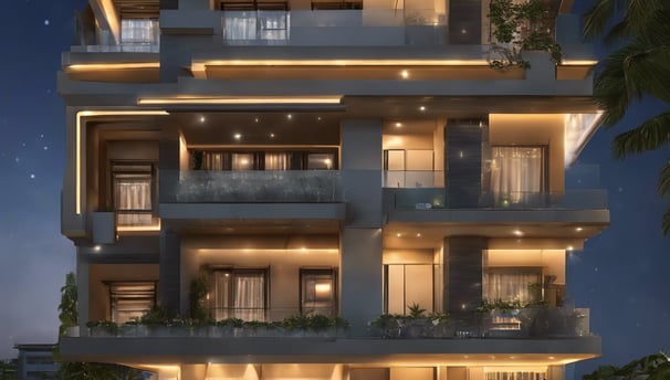 a white utility truck driving down a street next to palm trees