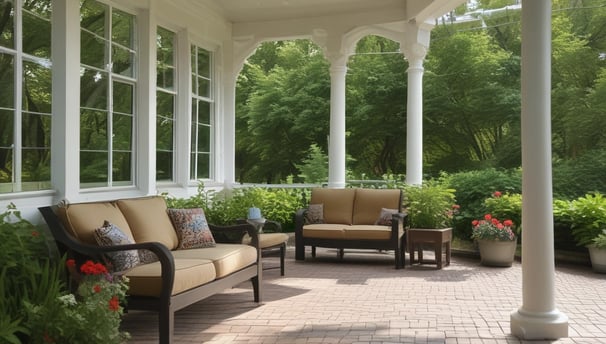 a well-maintained back porch with landscaping around the perimiter