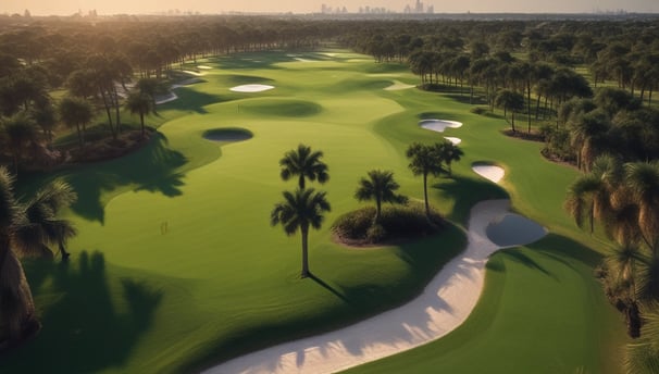 An aerial view of a golf course featuring lush green fairways with neatly cut grass patterns and several sand bunkers scattered throughout. Dense patches of vegetation and trees surround the golfing area, adding a natural backdrop to the setting.
