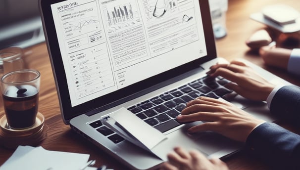 A person is typing on a MacBook Pro, viewing a website titled 'Personalize your portfolio.' The webpage displays three sections related to investing, each with different images and text. The laptop is on a grey table with a dark sofa and indoor plants in the background.