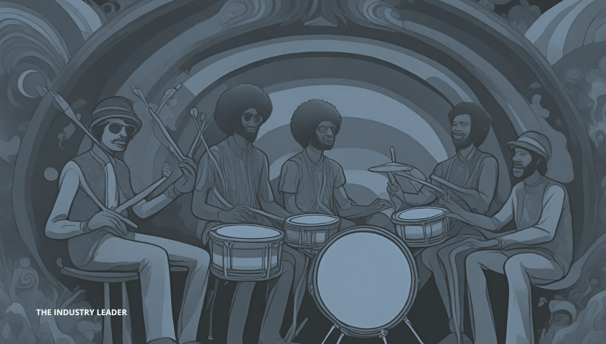 a group of people sitting around a drum set