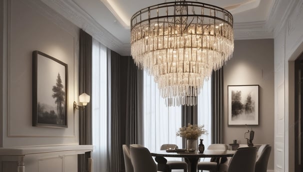 A large, elegant chandelier is illuminated against a dark ceiling. The ornate design features numerous crystals that reflect light and create a dramatic contrast with the dim surroundings.