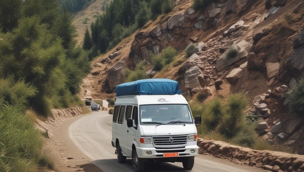 A colorful bus labeled 'Bharti Coach' navigates a winding road through a dense forest. The bus features vibrant decorations and patterns, with its front displaying various inscriptions and logos. Tall trees with thick trunks and lush foliage surround the road, casting shadows on the pavement.