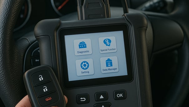 Close up of a car key fob being programmed with a diagnostic tool inside a vehicle.