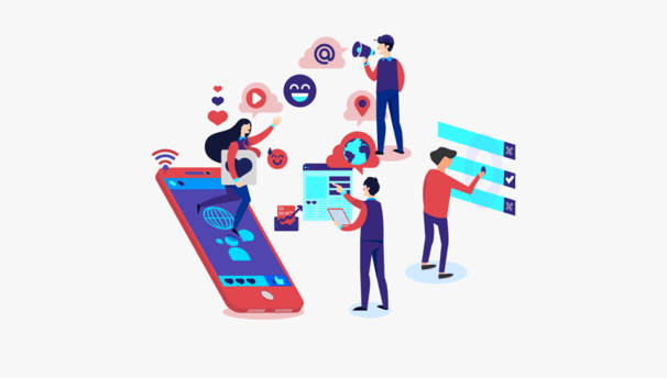 desenho de algumas pessoas mexendo em smartphone e fazendo propaganda