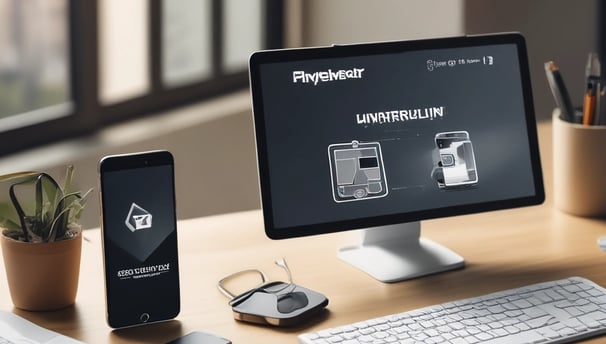 A laptop displaying a website design with the phrase 'Build your dream website.' next to a minimalistic building image. The scene also includes a modern mug and a smartphone placed on a wooden desk.