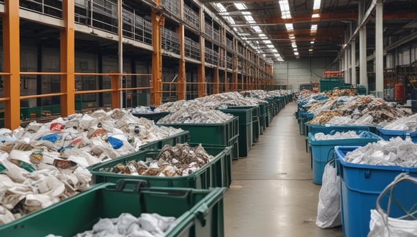 A large pile of household waste, primarily consisting of plastic bags filled with various types of cartons and bottles. The waste is organized in transparent bags with visible branding and labels.