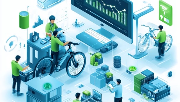 a man working on a computer screen with a bicycle
