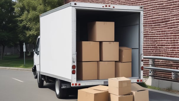 A moving truck with company branding is parked next to an open shipping container on a trailer. Two people are handling items near the container, while a car is parked in the background. The sky is overcast, and the ground appears to be asphalt.