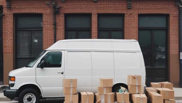 A person is standing inside an open van in a dark street, loading or unloading items. Nearby, there is a parked car and illuminated green signs for a business establishment.