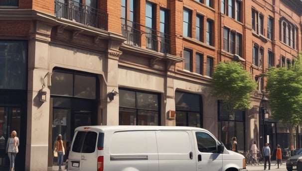 A person is standing inside an open van in a dark street, loading or unloading items. Nearby, there is a parked car and illuminated green signs for a business establishment.