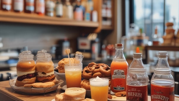 A tray holds a selection of fast food items including a can of Coca-Cola, a basket of french fries, a sandwich with a waffle-like texture on the bread, and several breaded chicken nuggets.