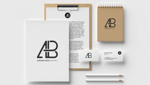 a business card with a notepad and pen