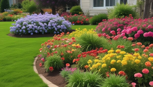 A well-maintained suburban garden is filled with vibrant pink, orange, and yellow flowers. The garden is located beside a single-story brick house with a gray roof. A street sign indicates 'W 3rd St' and 'Rosetta' at the intersection. Lush green trees are visible in the background against a clear blue sky.