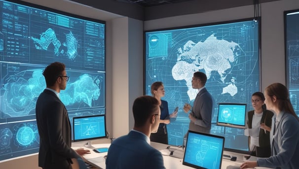 a group of people sitting at a table with computers