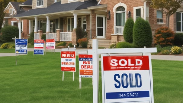 A real estate auction sign displaying the word 'SOLD' in bold red letters. The sign includes images of a home's interior featuring a living room with modern furniture, and it is set against the backdrop of trees and sky.