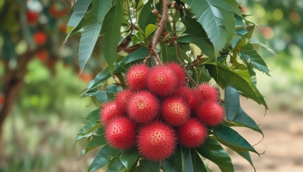 A lush green plantation with large, healthy leaves in the foreground. The background features a gently sloping hill covered with trees, under a cloudy sky.