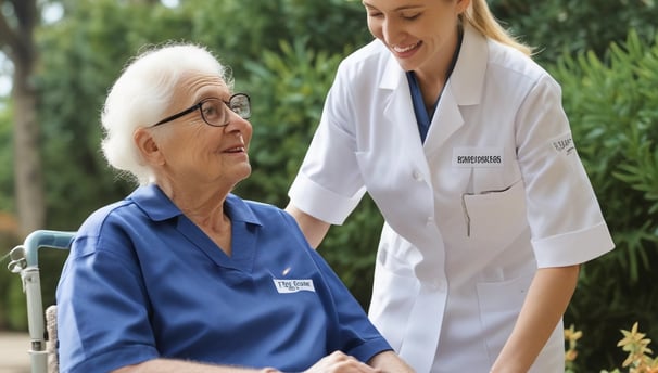 A healthcare professional in a white coat administers an injection to an older woman who is smiling. The woman is wearing glasses and earrings, and they are both focused on the procedure.
