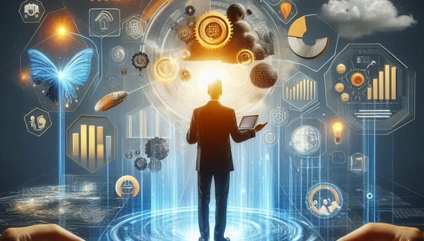 a man standing in front of a cloud with a tablet and a tablet looking at Power BI charts