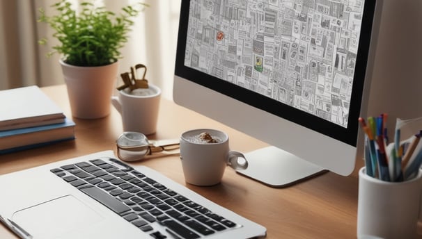 A laptop with a financial website open is centered on a white table. The screen displays a mint green background with text related to commission-free stock trading, accompanied by a gold object resembling a bridge. To the left, a smartphone displays a financial app with a graph and monetary figure. A cup of coffee sits on the right side, adding a casual work environment atmosphere.
