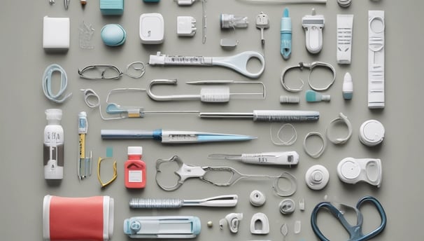 An assortment of medical equipment including monitors, dials, and gauges is present, possibly used for anesthesia or patient monitoring in a healthcare setting. There are various knobs and labels indicating settings for oxygen and nitrous oxide management. A tray contains a packaged medical device labeled 'Hand Piece.'