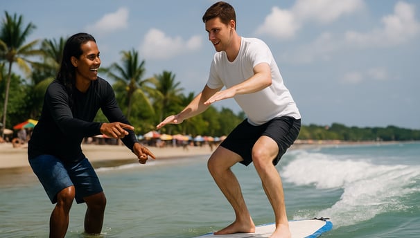 a man and woman are surfing in the ocean
