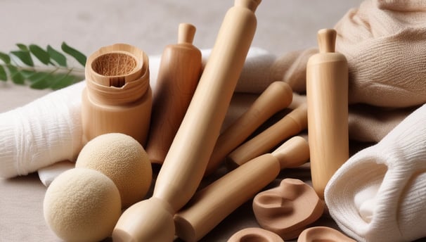 Three dark-colored cosmetic bottles are arranged on a dark, woven chair with an earthy-toned pottery vase next to it. The lighting is subdued, creating a sophisticated and sleek atmosphere.
