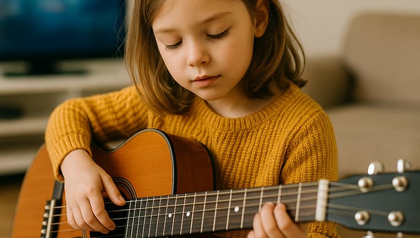 Une jeune fille joue de la guitare dans un salon.