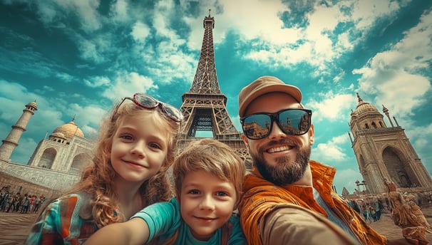 A smiling man takes a selfie with two kids, a boy and a girl, in front of iconic landmarks. The Eiff