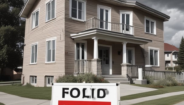 A real estate auction sign displaying the word 'SOLD' in bold red letters. The sign includes images of a home's interior featuring a living room with modern furniture, and it is set against the backdrop of trees and sky.